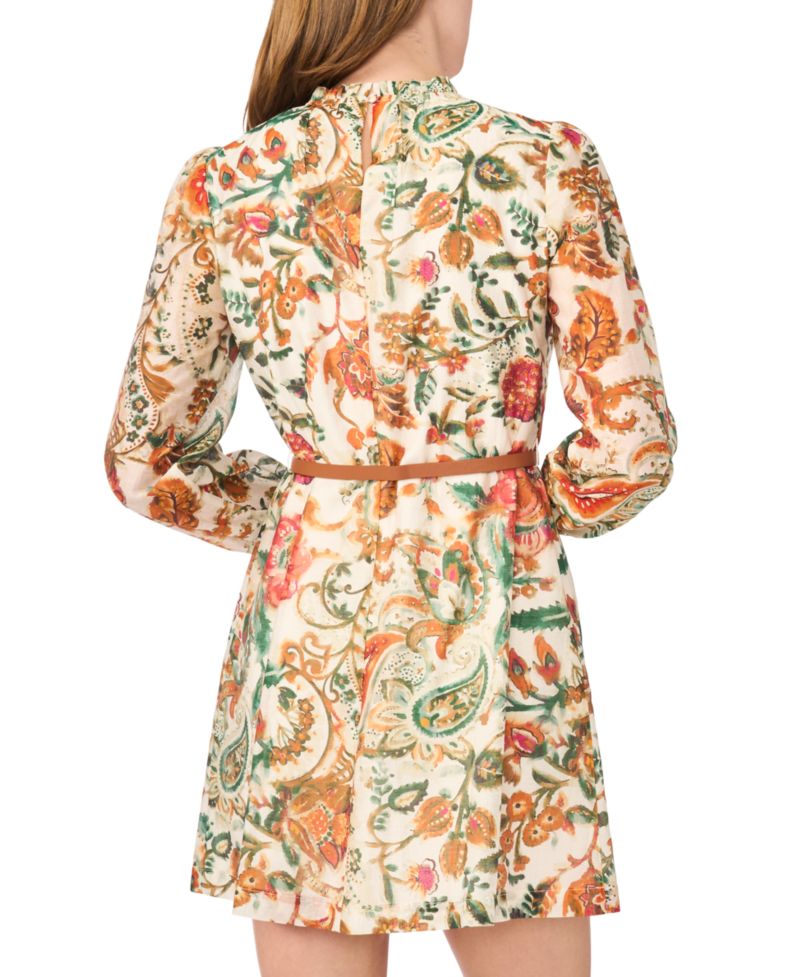 Women's Pleated Floral Long-Sleeve Mini Dress