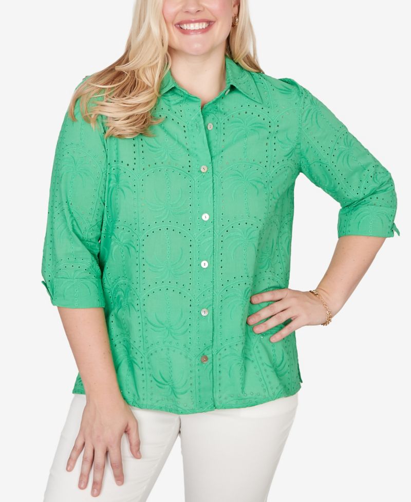 Petite Resort Living Eyelet Palm Tree Button-Front Top