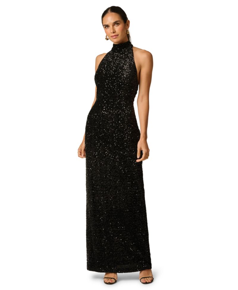 Women's Halter Sequin Open-Back Long Dress
