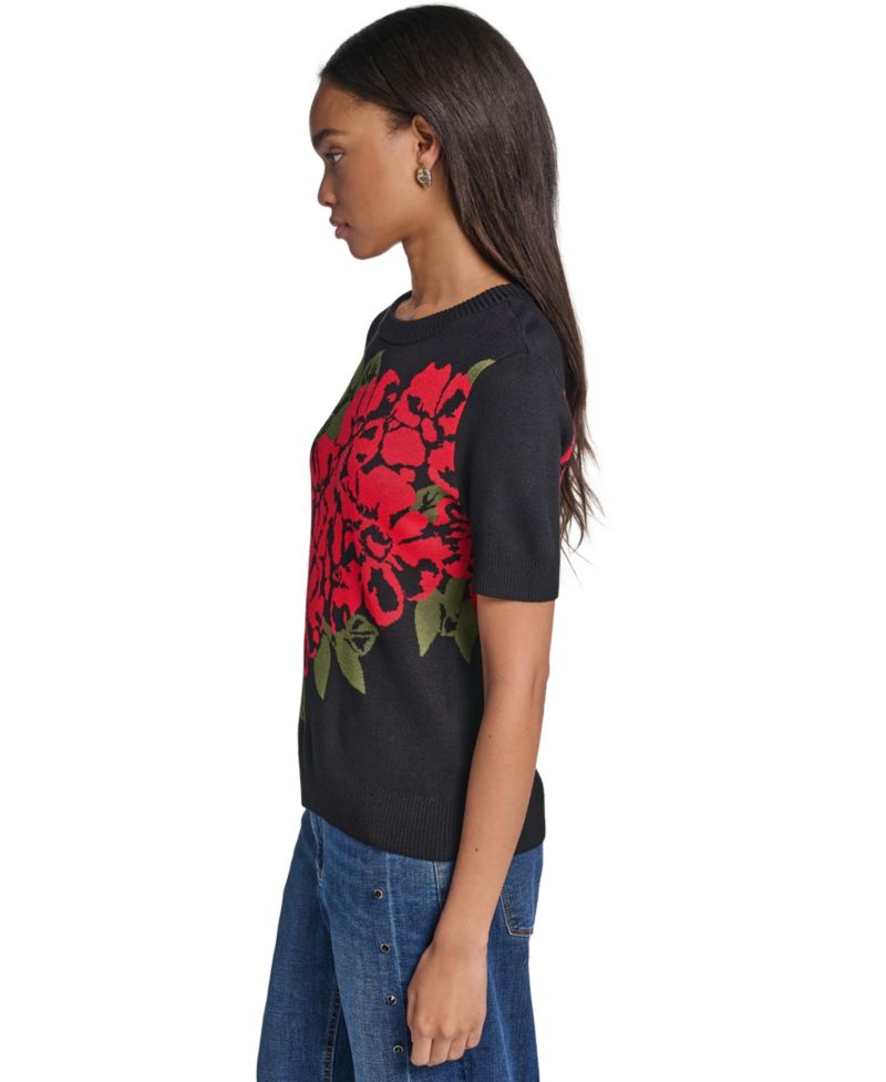 Women's Short-Sleeve Crewneck Rose-Print Pullover Sweater