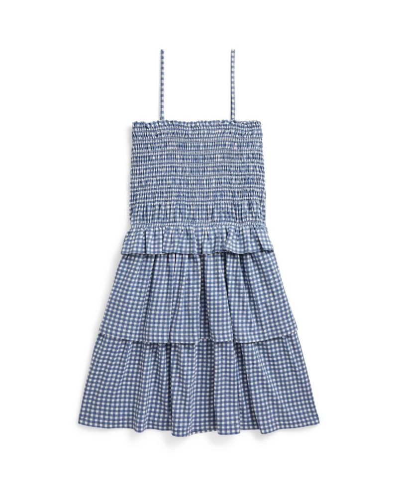 Girls' 7-16 Plaid Smocked Straight Neck Jersey Dress