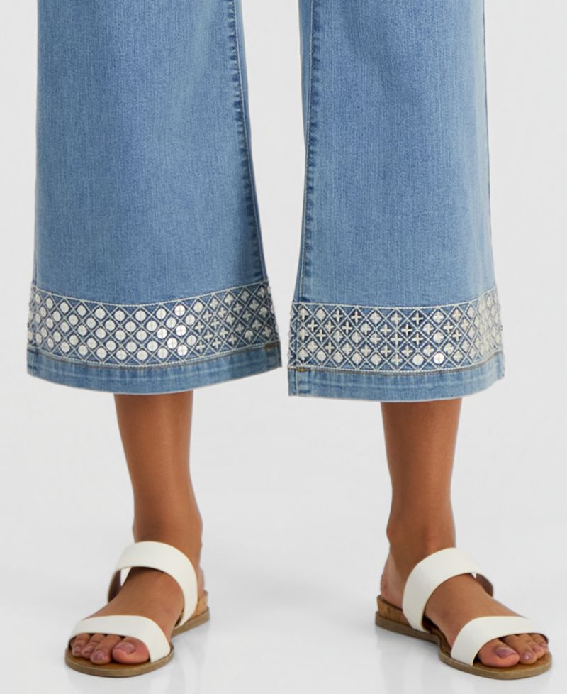 Women's Sequined Pull-On High-Rise Cropped Wide Leg Jeans