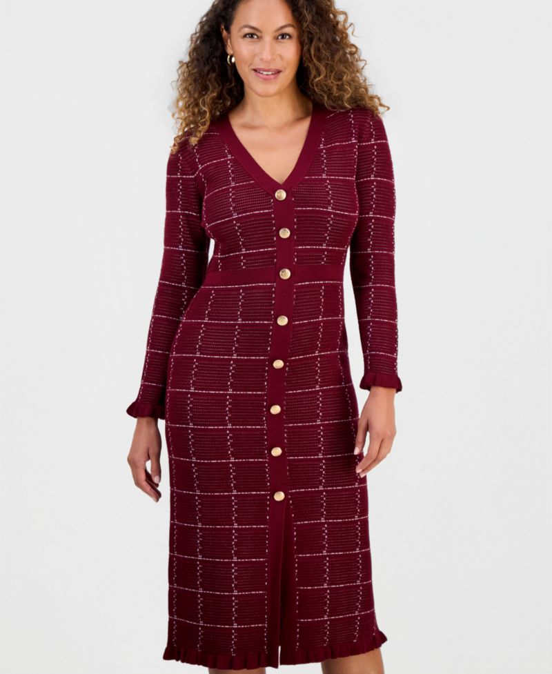 Petite Plaid-Print V-Neck Ruffle-Trim Sweater Midi Dress