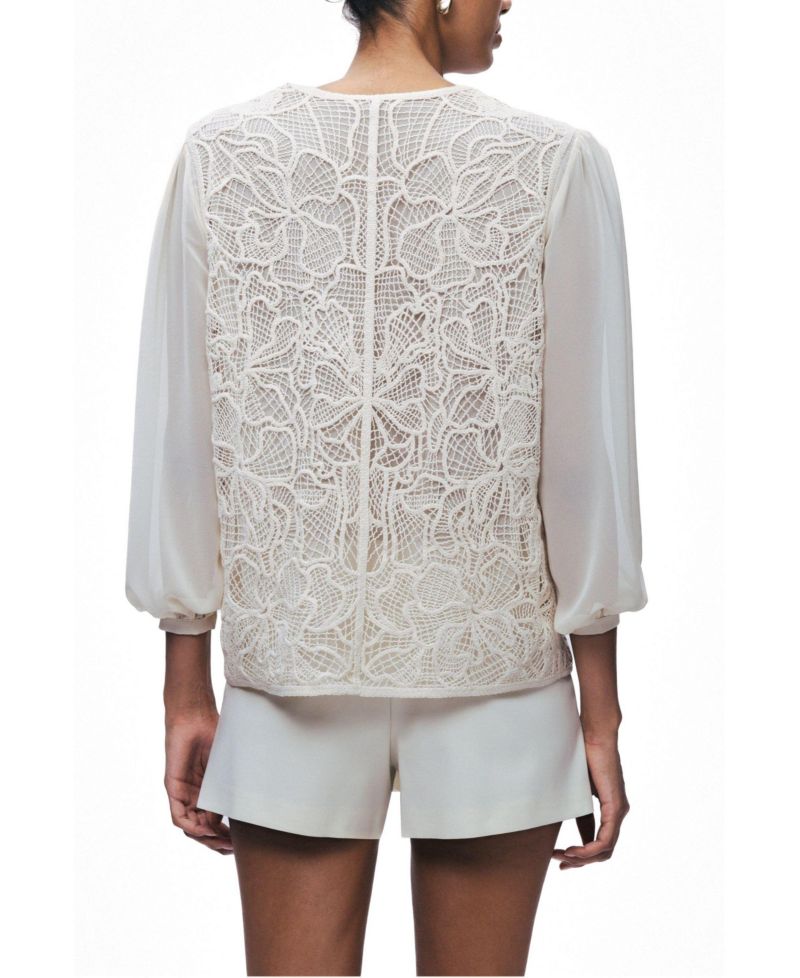 Women's Floral-Lace V-Neck Sheer Sleeve Jacket