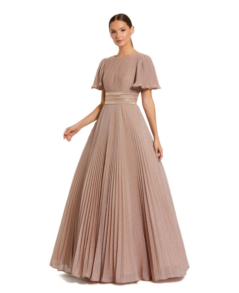 Women's Pleated Shimmering Georgette Flutter Sleeve Gown
