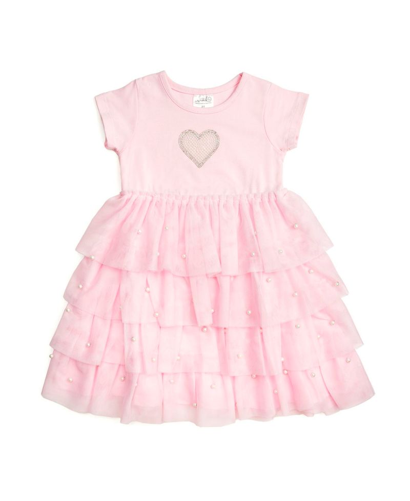 Little Girls Pearl Heart Tiered Short Sleeve Tutu Dress