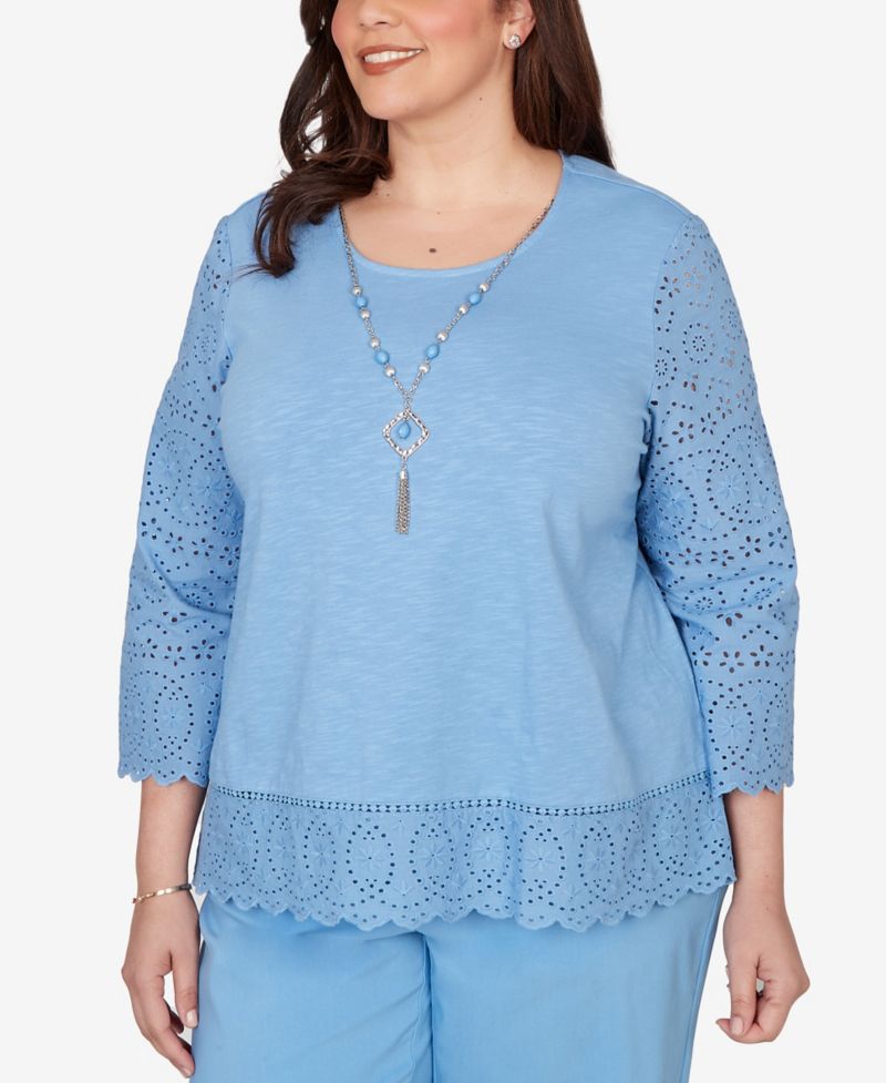 Plus Size St. Augustine Solid Eyelet Trim Top with Necklace