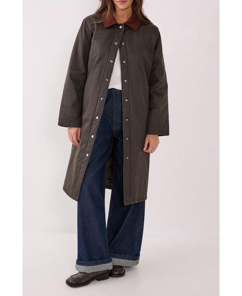 Women's Longline Cord Collar Wax Effect Coat