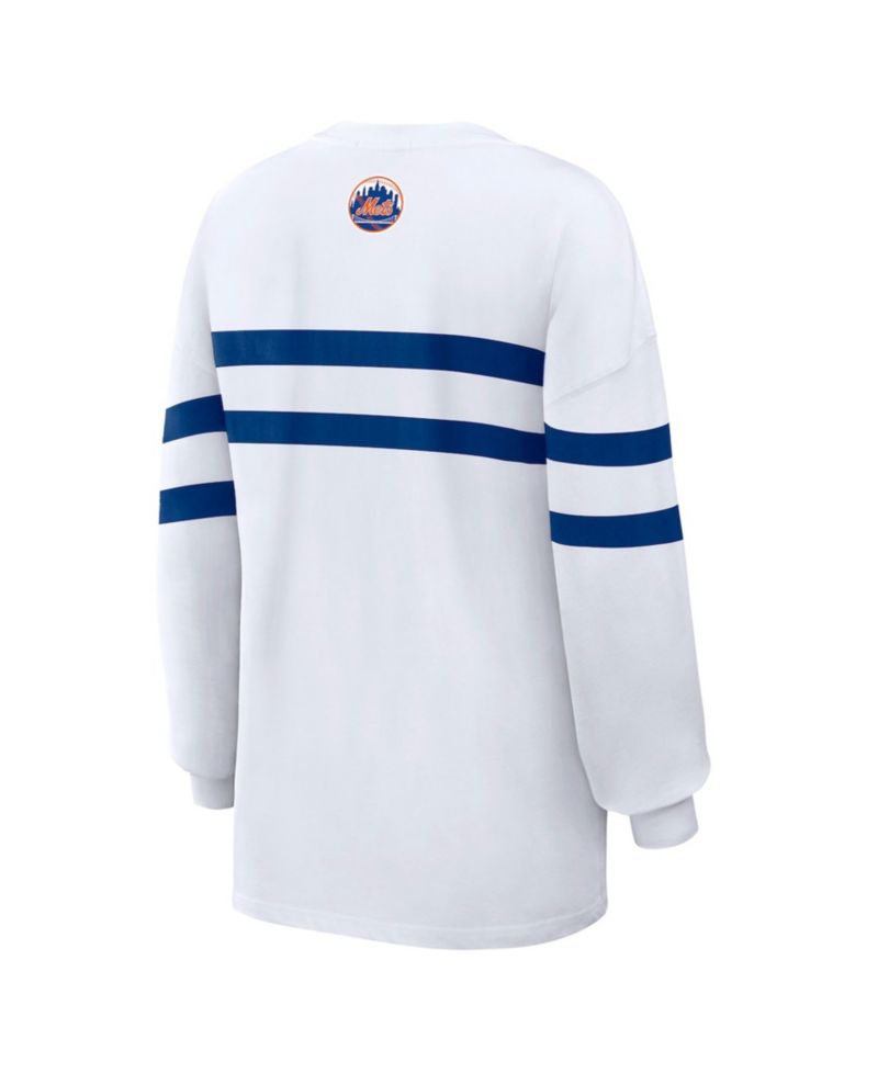 Women's White New York Mets Oversized Long Sleeve Striped T-Shirt