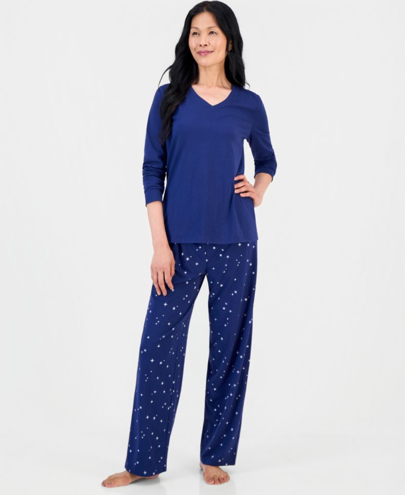 Women's Cotton-Blend Long Sleeve V-Neck Pajama Pant Set