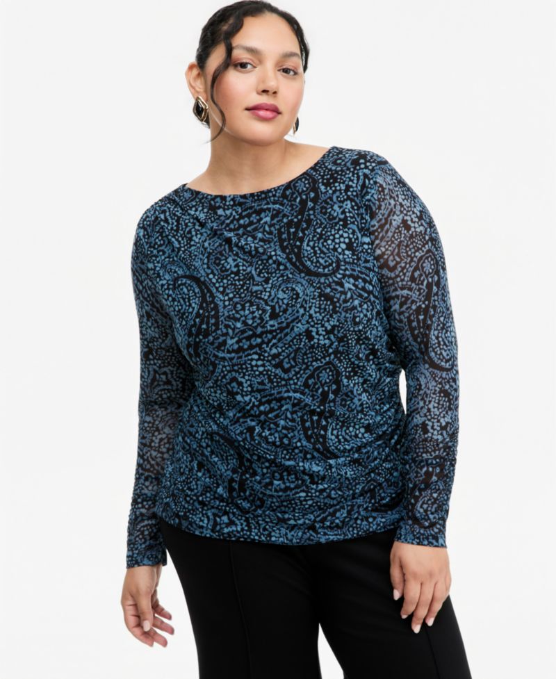 Plus Size Long Sleeve Sheer Mesh Ruched Top