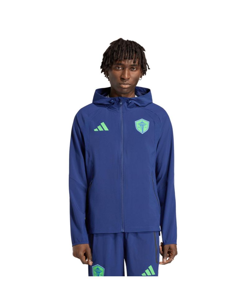 Men's Navy Seattle Sounders FC Tiro Travel Full-Zip Hooded Windbreaker Jacket