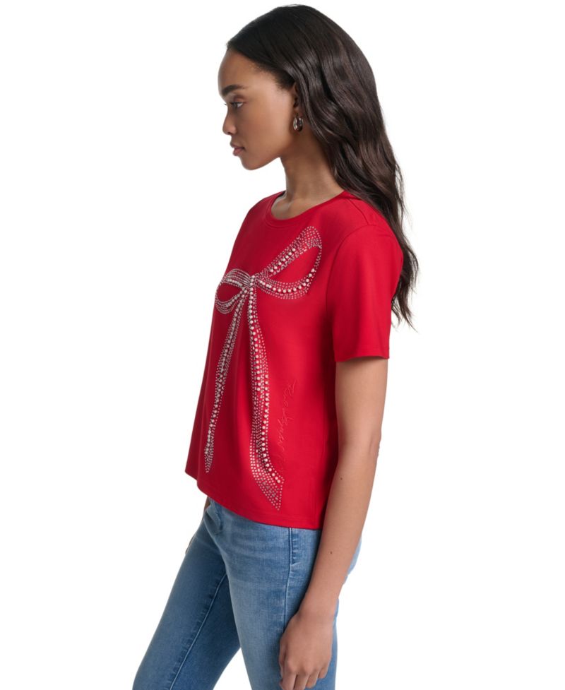 Women's Crystal Bow Rhinestone Short-Sleeve Top