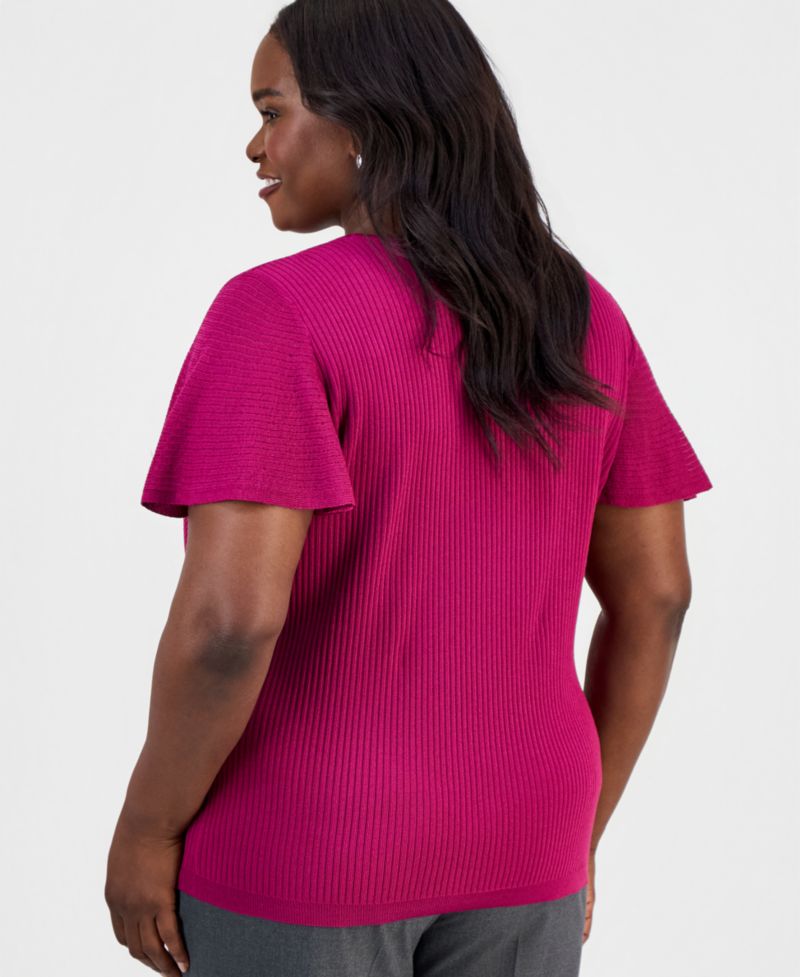 Petite Crewneck Flutter-Sleeve Rib-Knit Sweater