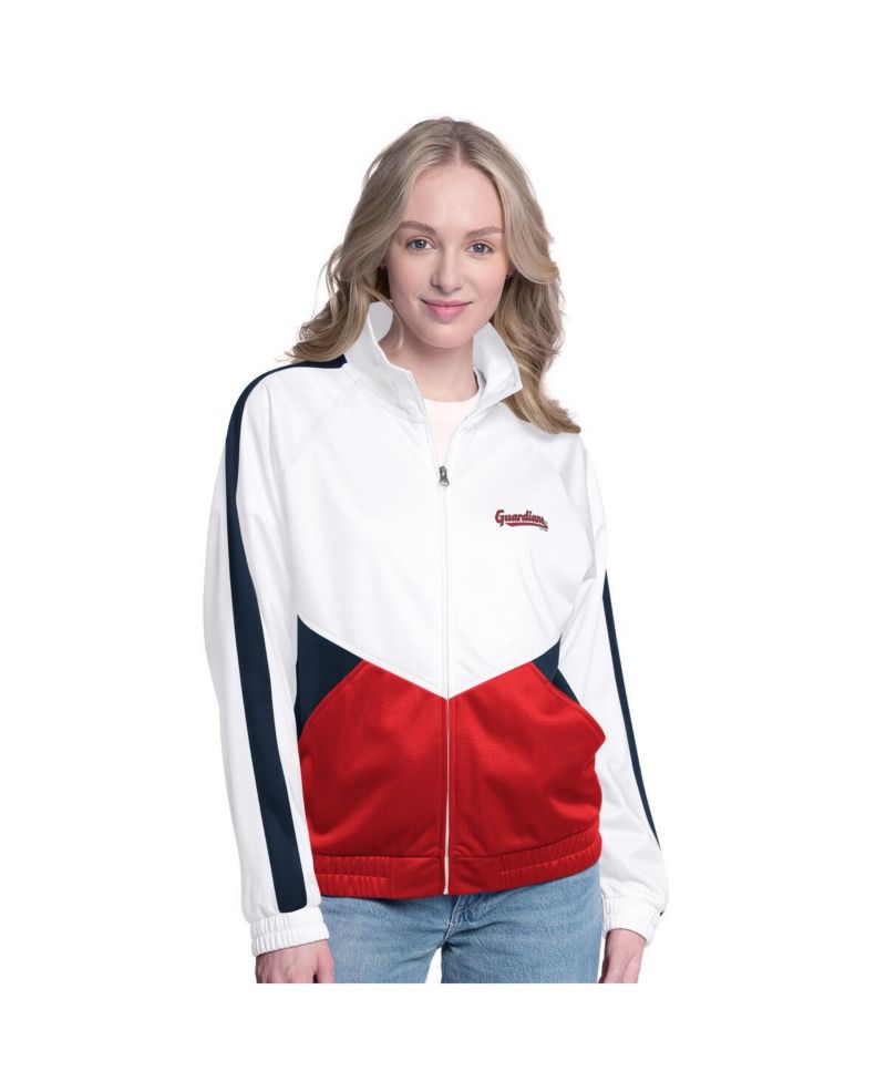 Women's White/Navy Cleveland Guardians Rally Rhinestone Raglan Full-Zip Track Jacket