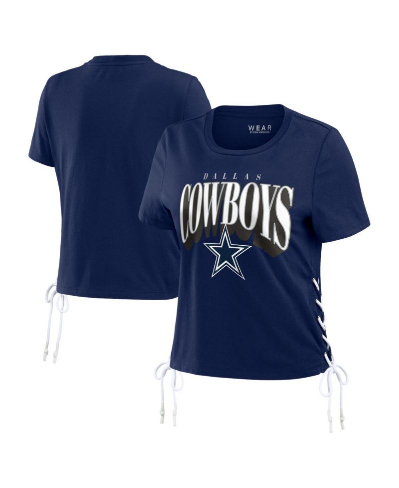Women's Navy Dallas Cowboys Lace Up Side Modest Cropped T-Shirt