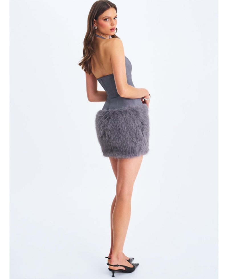 Women's Daisy Grey Drop Waist Faux Fur Trim Halter Mini Dress