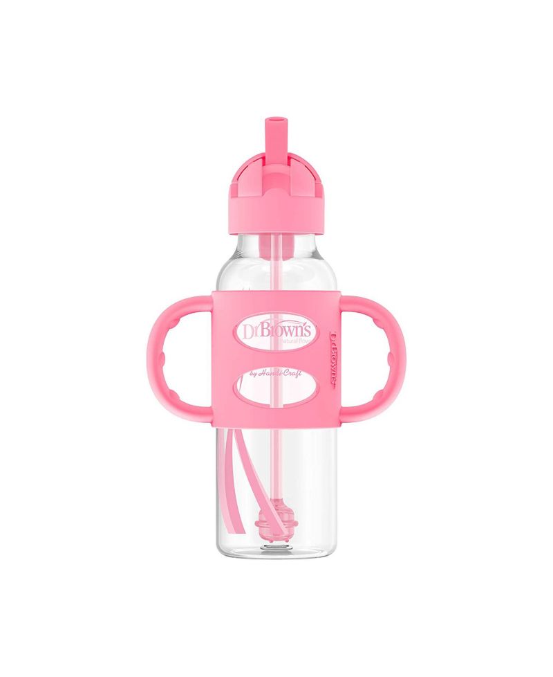 Narrow Sippy Straw Bottle with 100% Silicone Handles, 8oz, Pink