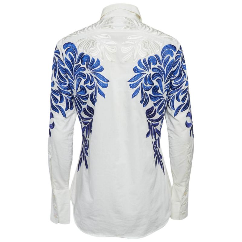 Women's White/blue Embroidered Cotton Long Sleeve Shirt
