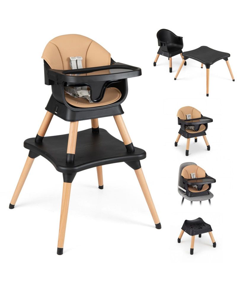 Convertible High Chair with Solid Wood Legs and 5-Point Harness
