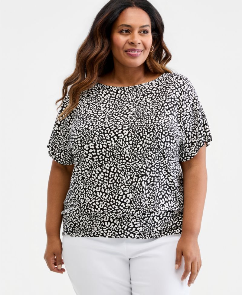 Petite Printed Boatneck Banded-Bottom Knit Top