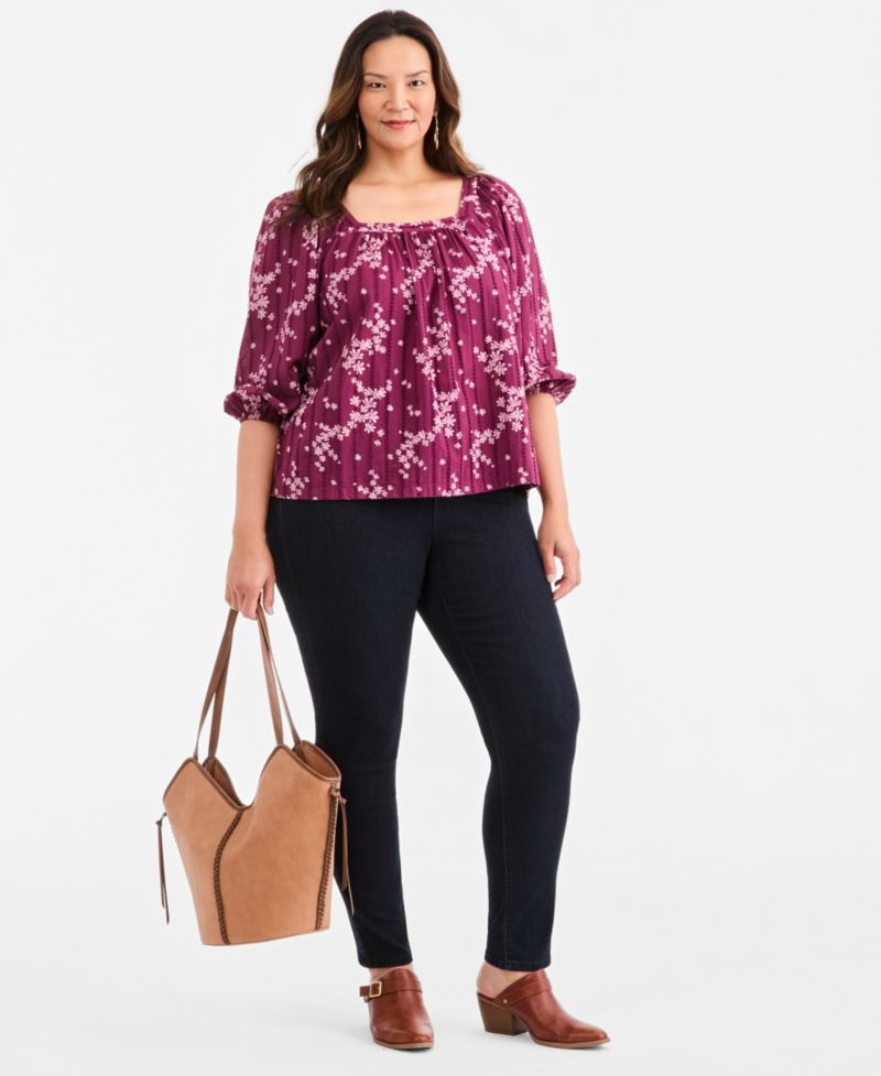 Plus Printed Square-Neck Cotton Top