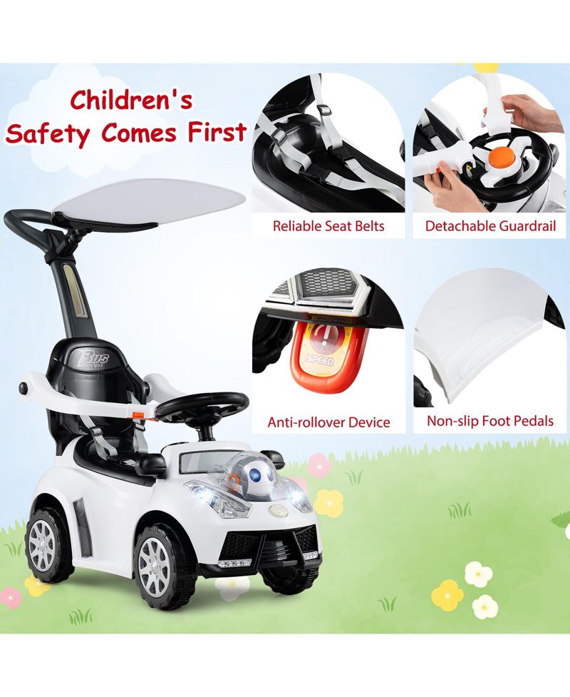 3-in-1 Sliding Walker w/ Adjustable Canopy Horn Music & Light for Boys & Girls