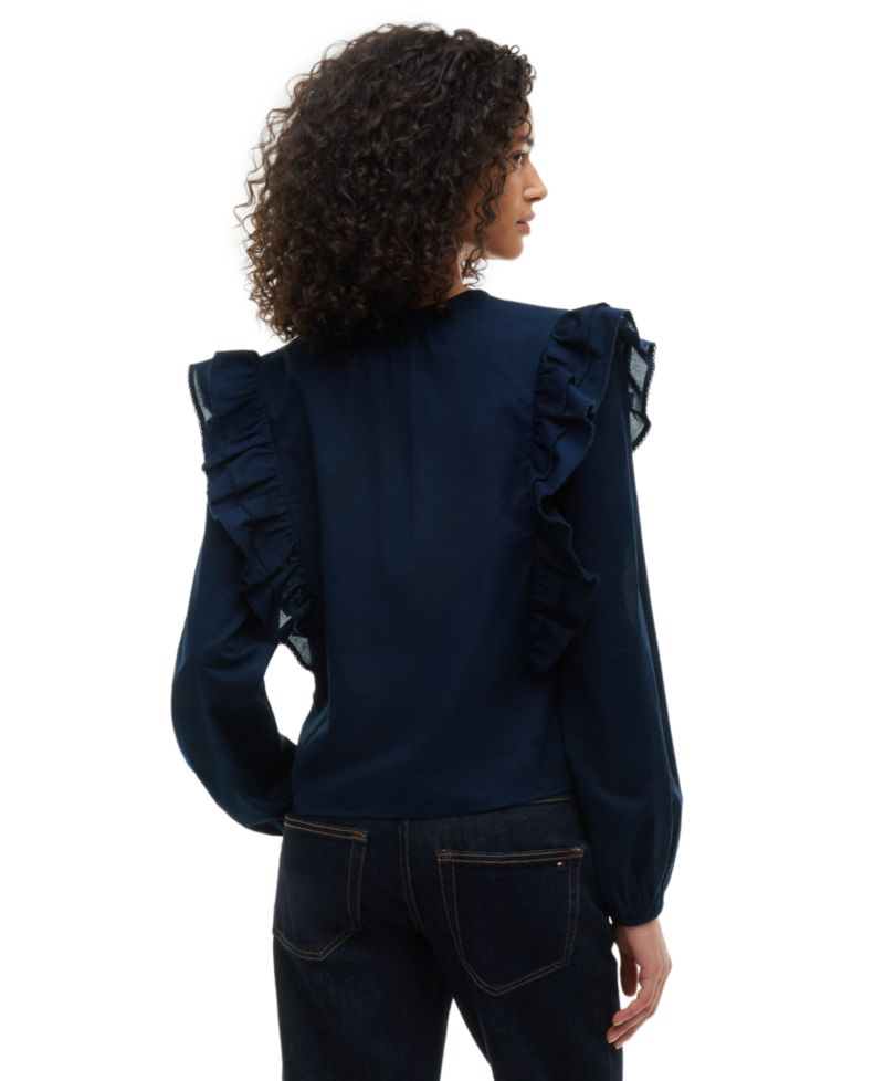 Women's Frill Detail Long-Sleeve Tie-Neck Top