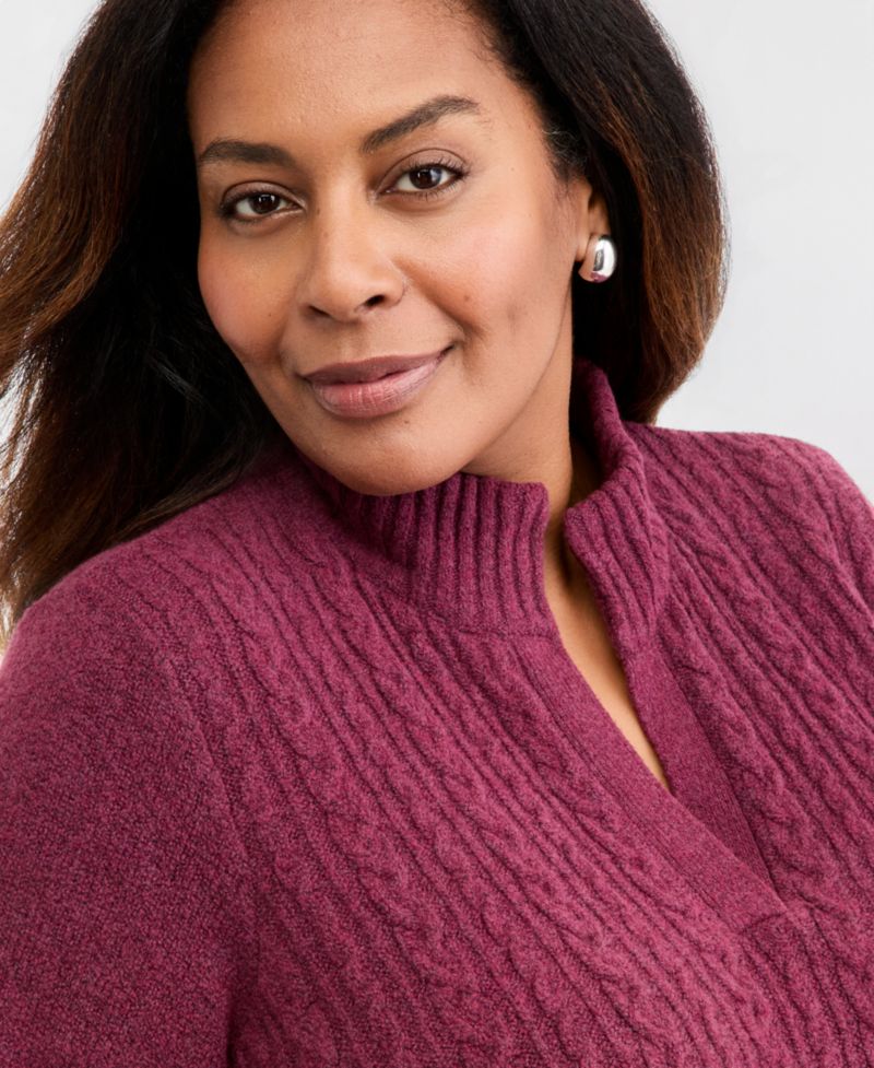 Plus Cable Split Mockneck Long-Sleeve Sweater