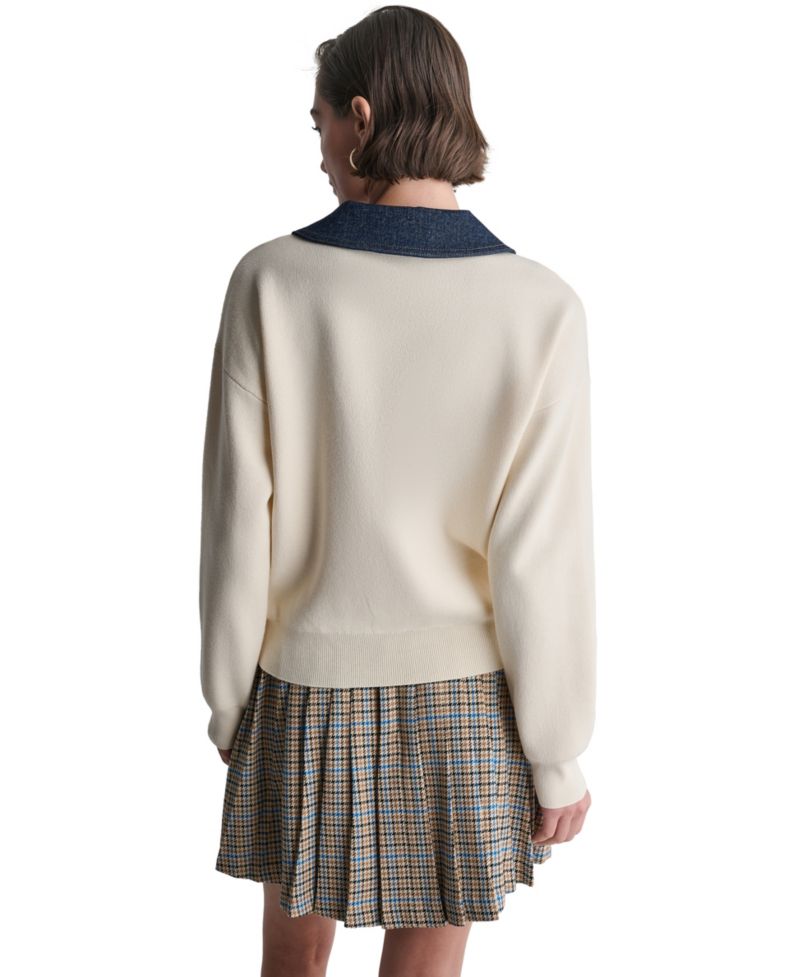 Women's Denim Trim Oversized Collared V-Neck Sweater