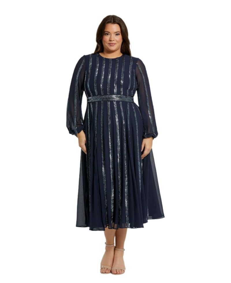 Plus Size Long Sheer Sleeve Beaded Dress