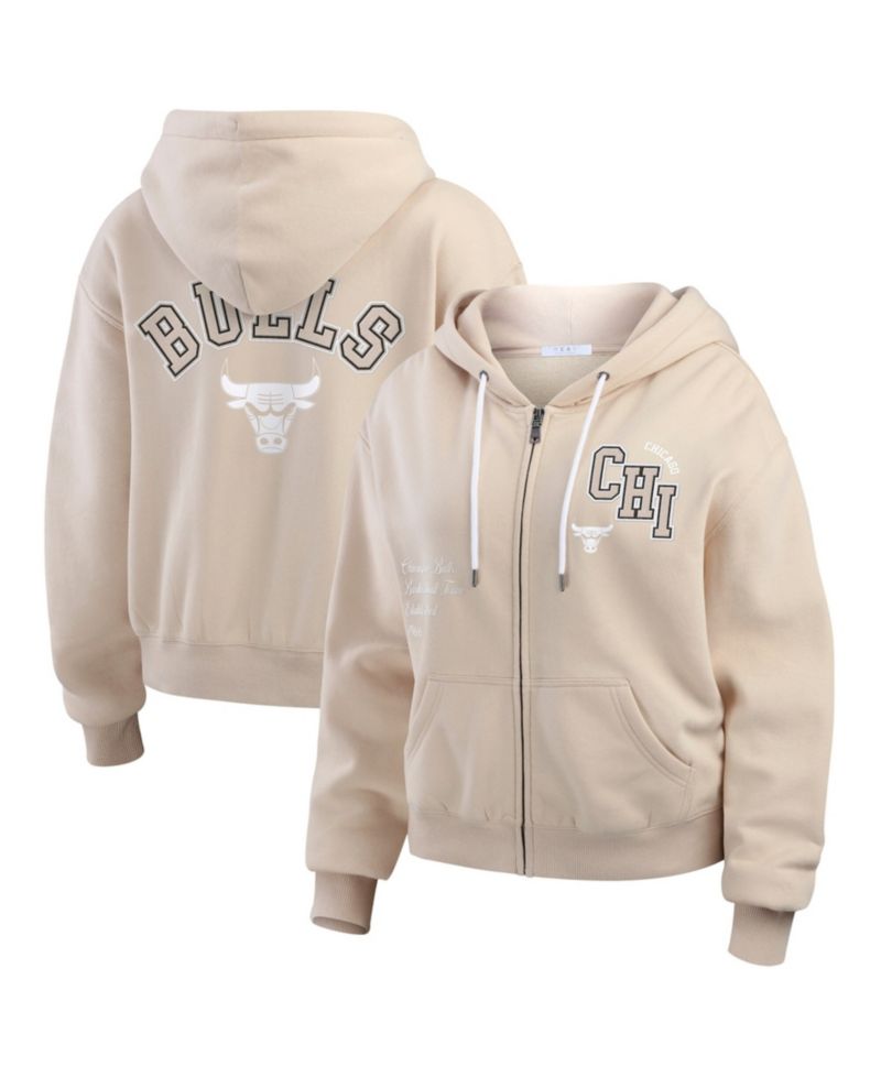 Women's Cream Chicago Bulls Plus Size Tonal Felt Patch Full-Zip Hoodie