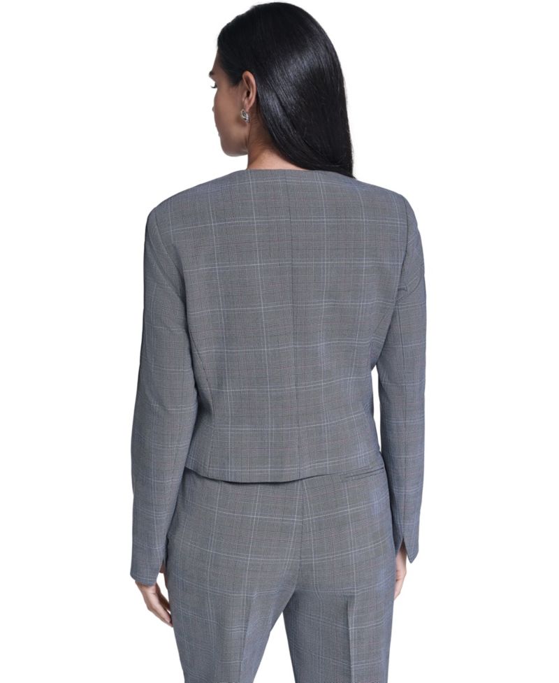 Women's Cropped Plaid Collarless Jacket