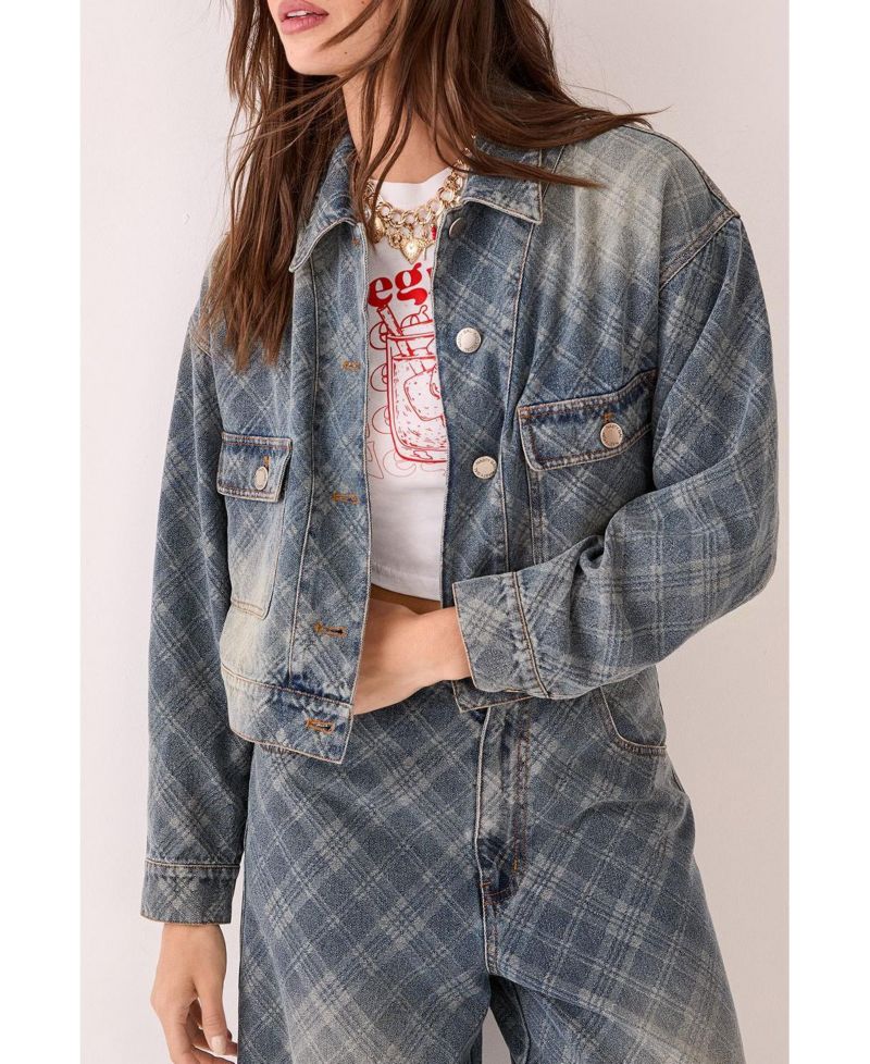 Women's Check Denim Distressed Jacket