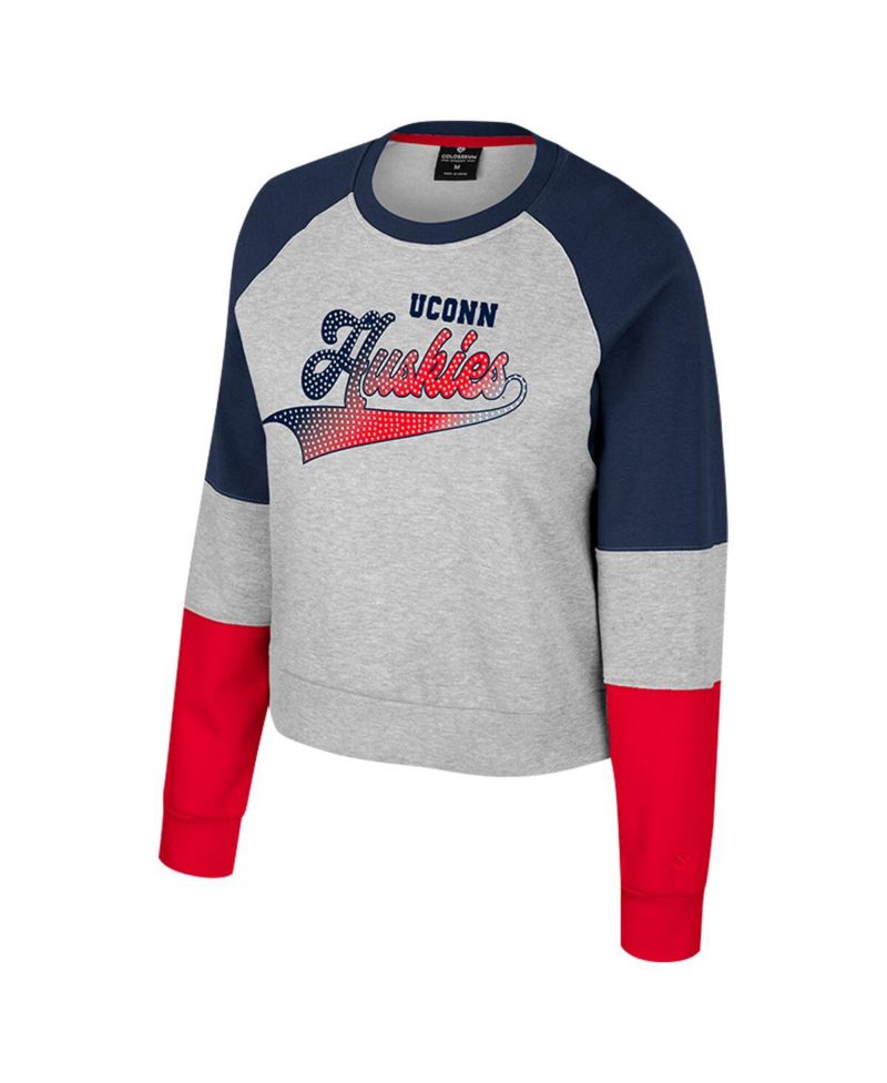 Women's Heather Gray UConn Huskies Katinka Rhinestone Scoop Neck Pullover Sweatshirt