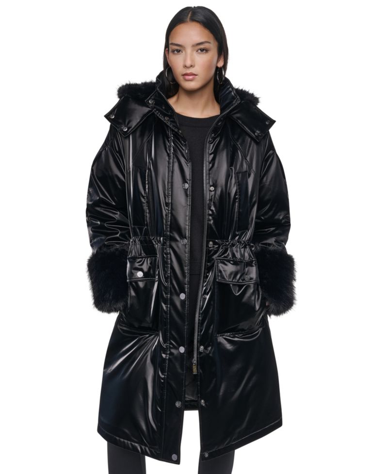 Women's Hooded Knee-Length Faux Fur Cuff Nylon Velvet Coat
