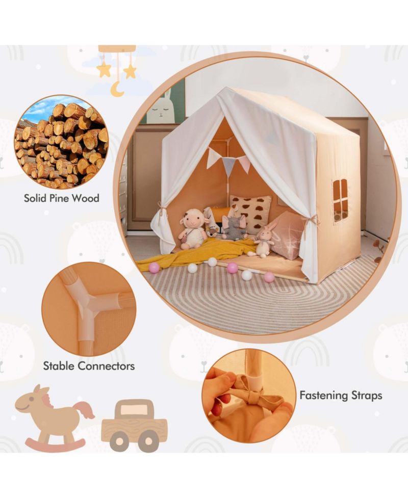 Kids' Castle Play Tent with Solid-Wood Frame and Washable Mat