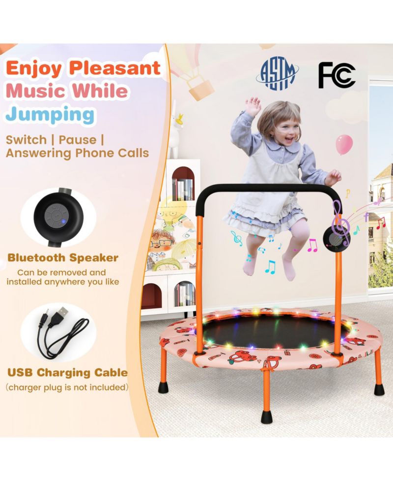 36'' Mini Toddler Trampoline w/ LED Bluetooth Speaker Detachable Handle Kids Gifts