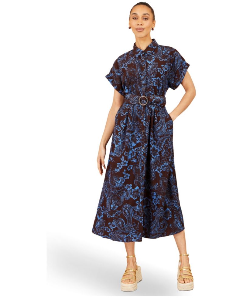 Women's Paisley Belted Short-Sleeve Shirt Dress
