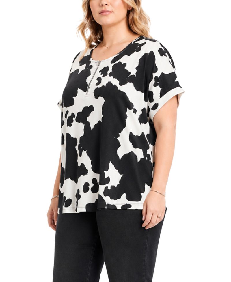 Plus Size Cow Print Dolman Rolled Short-Sleeve 1/2 Zip Top