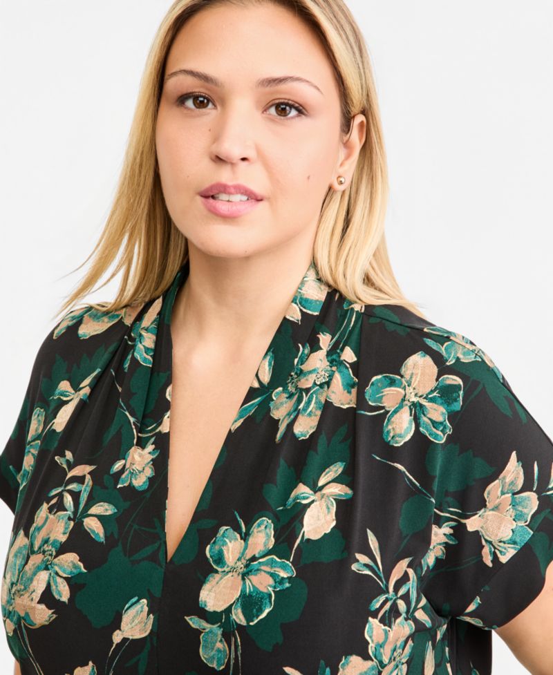 Plus Size Floral Funnel-Neck Cap-Sleeve Blouse