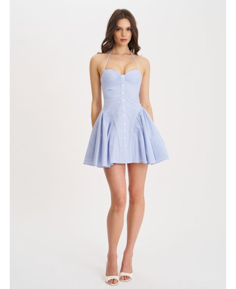 Women's Melody Baby Blue Railroad Stripe Halter Drop Waist Mini Dress