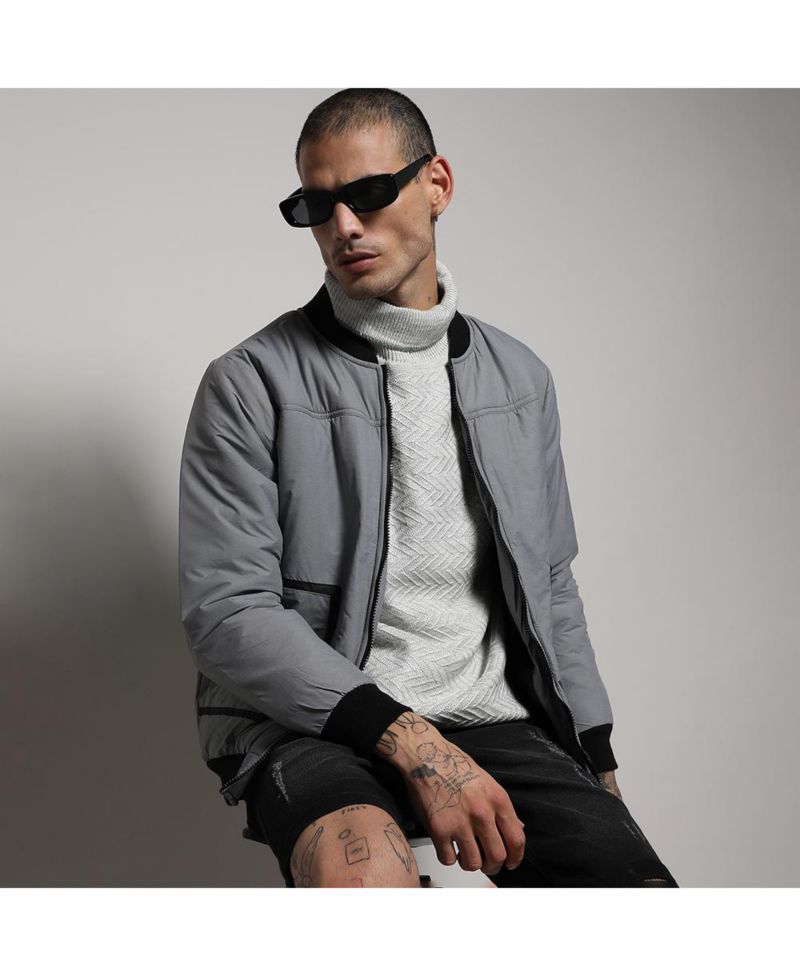 Men's Light Grey Zip-Front Puffer Jacket With Contrast Detail