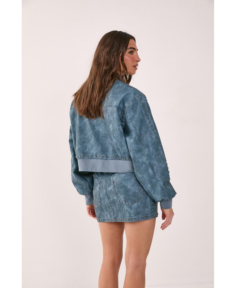Women's Leather Studded Bomber Jacket