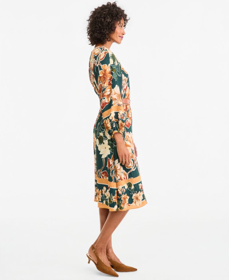 Women's Long-Sleeve Floral A-Line Midi Dress
