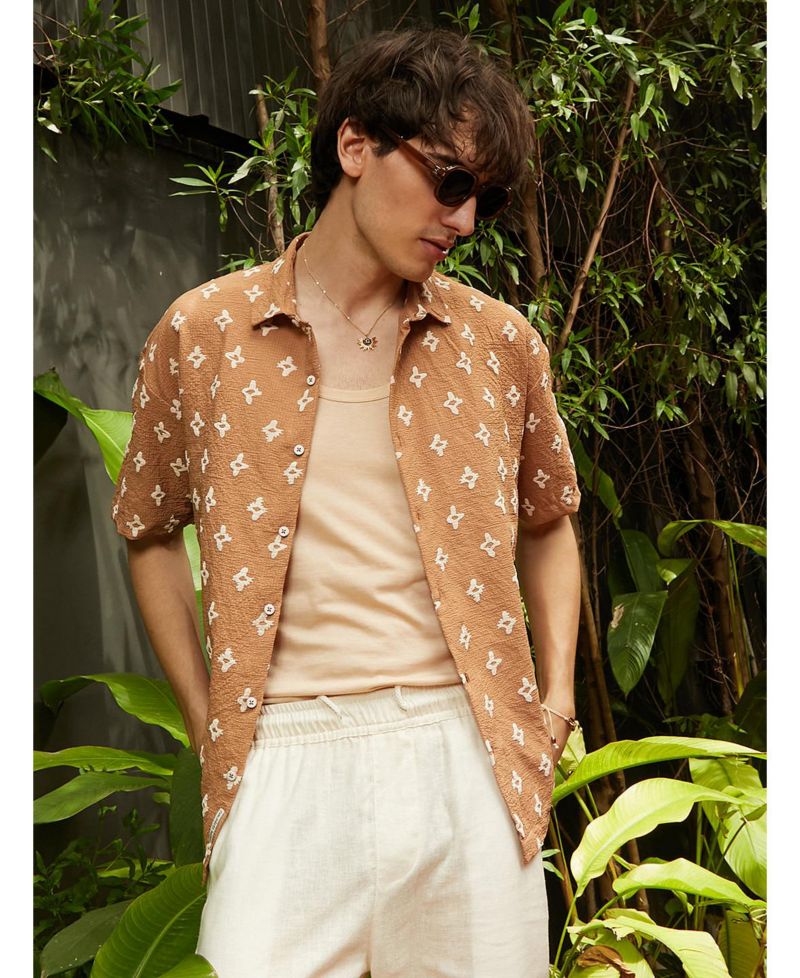 Men's Tan Floral-Tactile Oversized Shirt