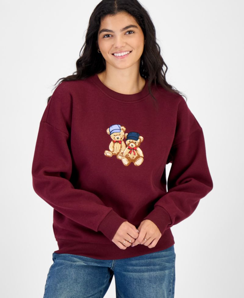 Juniors' Oversized Embroidered Fleece Sweatshirt