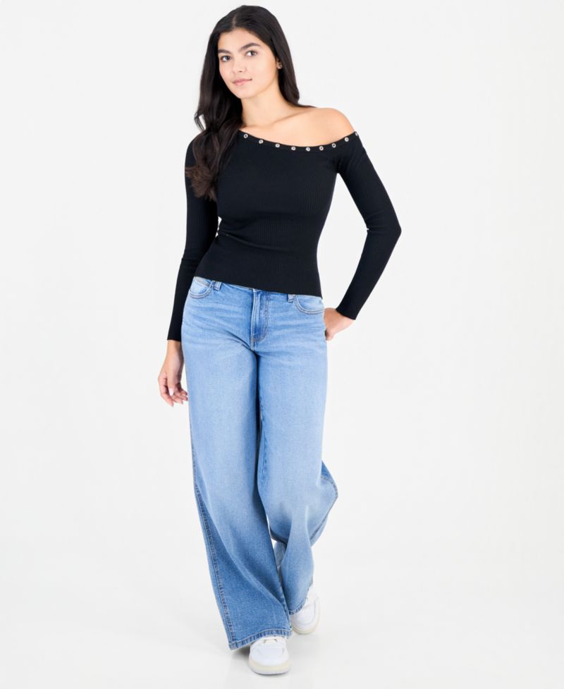 Juniors' Asym Neckline Grommet Ribbed Sweater