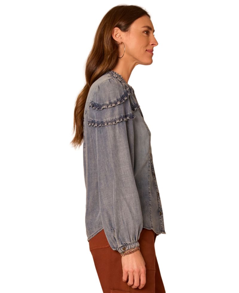 Petite Chambray Ruffle Button-Up Long-Sleeve Top