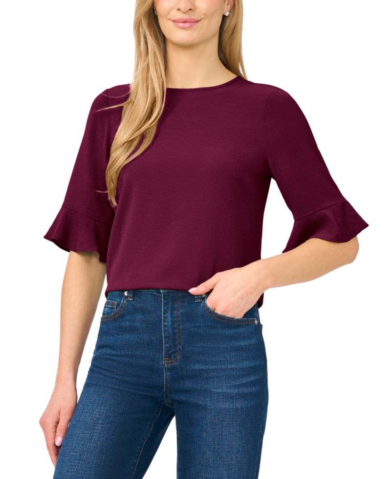 Women's Crewneck 3/4-Sleeve Ruffled Cuff Blouse